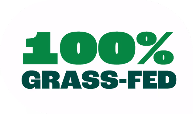 Green bold text read 100% grass-fed on a white rounded background.