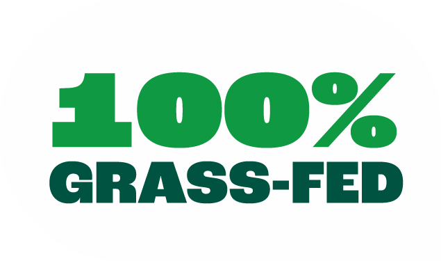 Green bold text read 100% grass-fed on a white rounded background.
