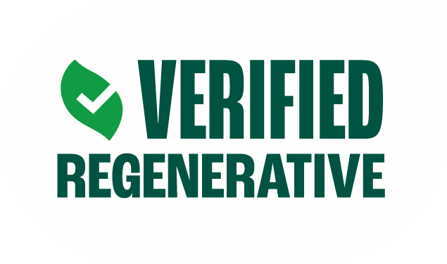 Green checkmark leaf icon with bold text saying VERIFIED REGENERATIVE.