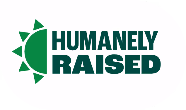 Green sun icon followed by the text 'HUMANELY RAISED' in bold uppercase letters.