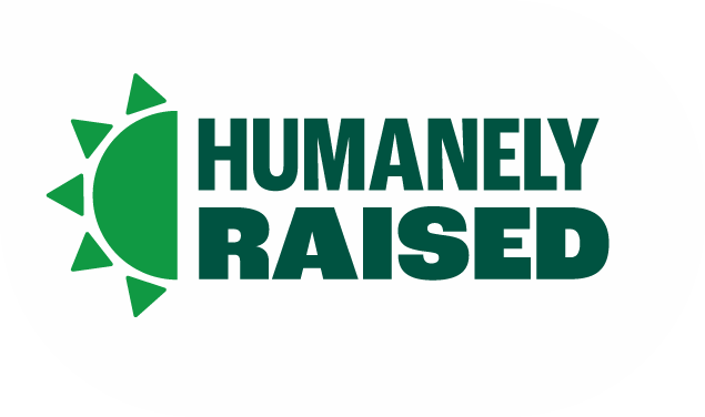 Green sun icon followed by the text 'HUMANELY RAISED' in bold uppercase letters.