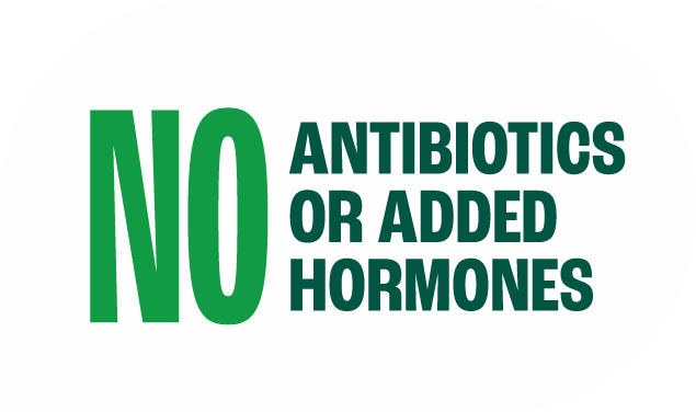 Text sign states no antibiotics or added hormones in bold green and black letters.