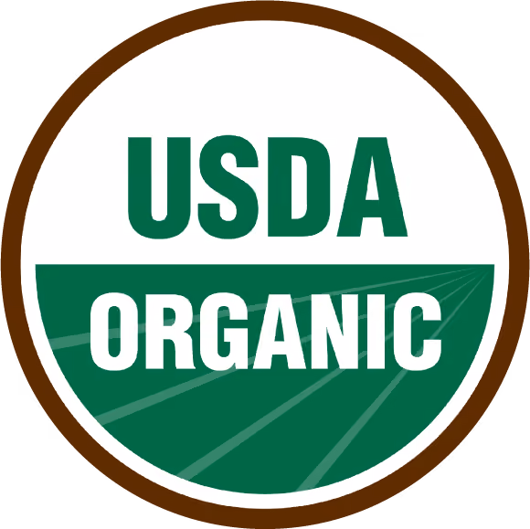USDA Organic certification seal with green and white colors encircled by a brown ring.