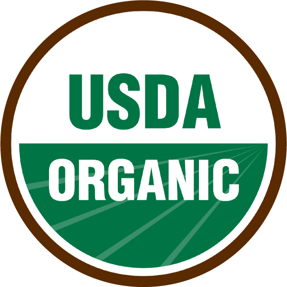 USDA Organic certification seal with green and white colors encircled by a brown ring.