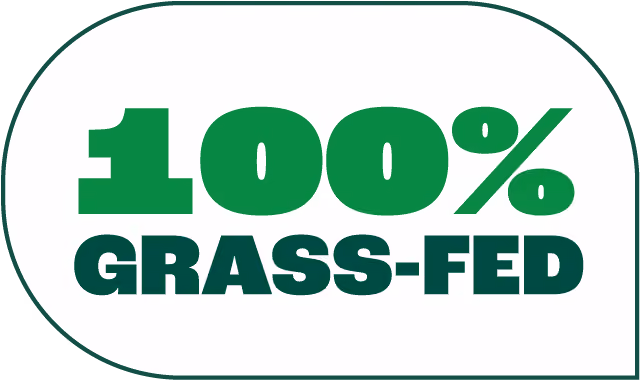 Label showing 100% grass-fed in bold green text inside a speech bubble shape.