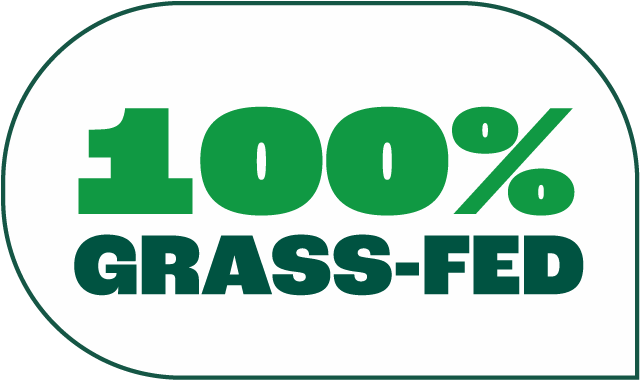 Label showing 100% grass-fed in bold green text inside a speech bubble shape.