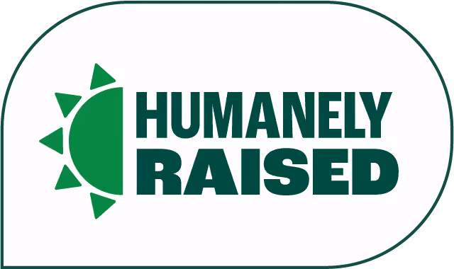 Green sun icon next to bold text reading Humanely Raised on a white background.