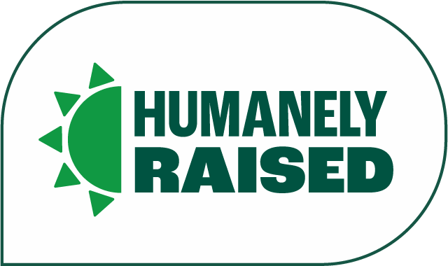 Green sun icon next to bold text reading Humanely Raised on a white background.