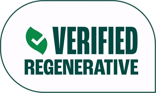 Verified Regenerative certification logo with a green leaf and check mark.