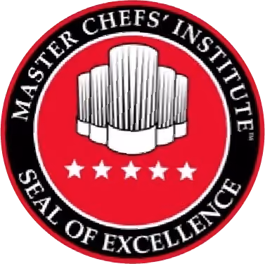 Master Chefs' Institute Seal of Excellence with five white stars and a chef hat icon on red and black background.