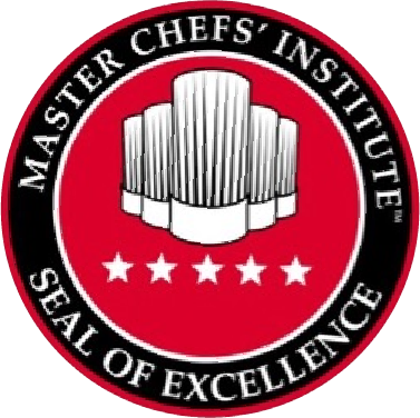 Master Chefs' Institute Seal of Excellence with five white stars and a chef hat icon on red and black background.