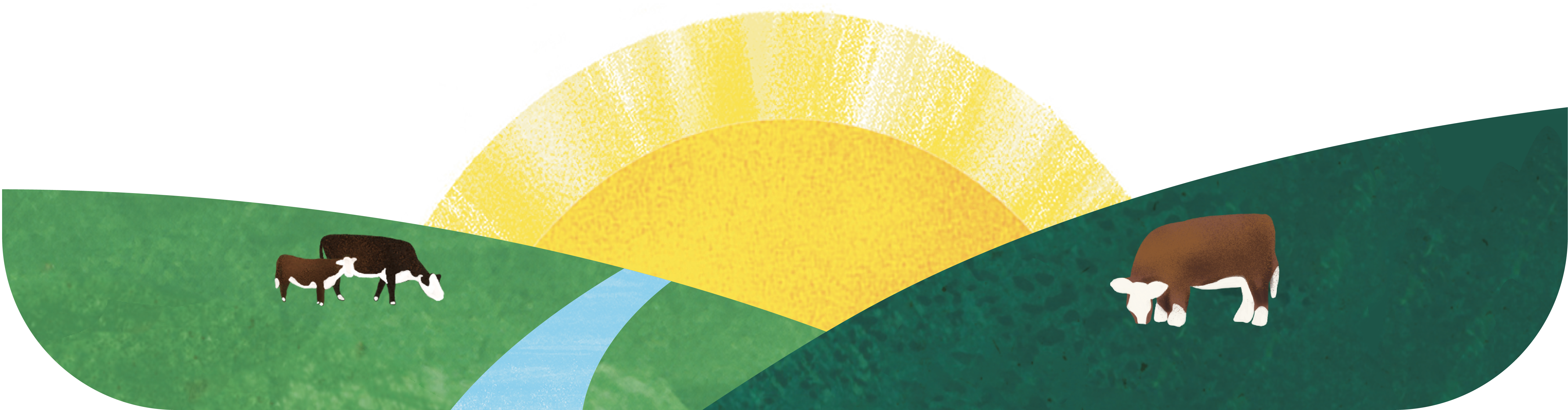 Stylized illustration of a sunrise over green hills with a stream and three grazing cows.