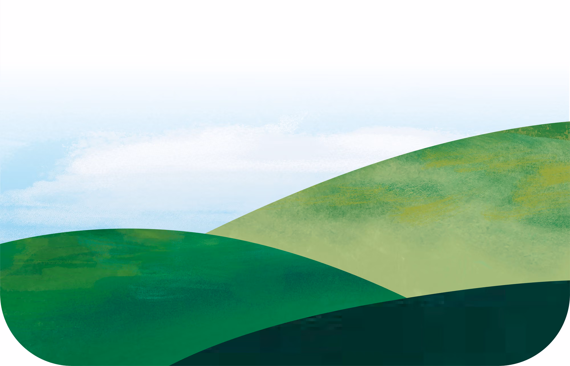 Illustration of rolling green hills under a blue sky with soft white clouds.
