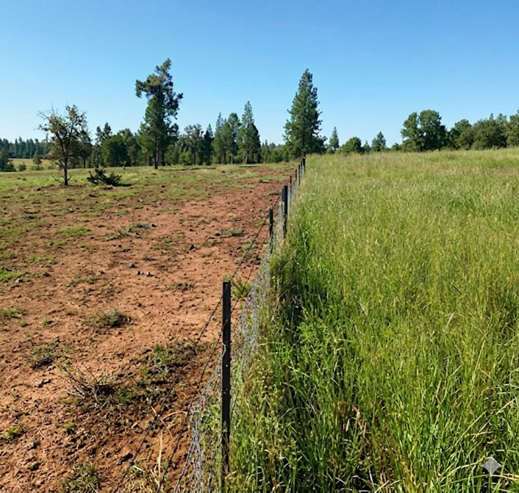 A fence line dividing bare, degraded soil from lush regenerated pasture