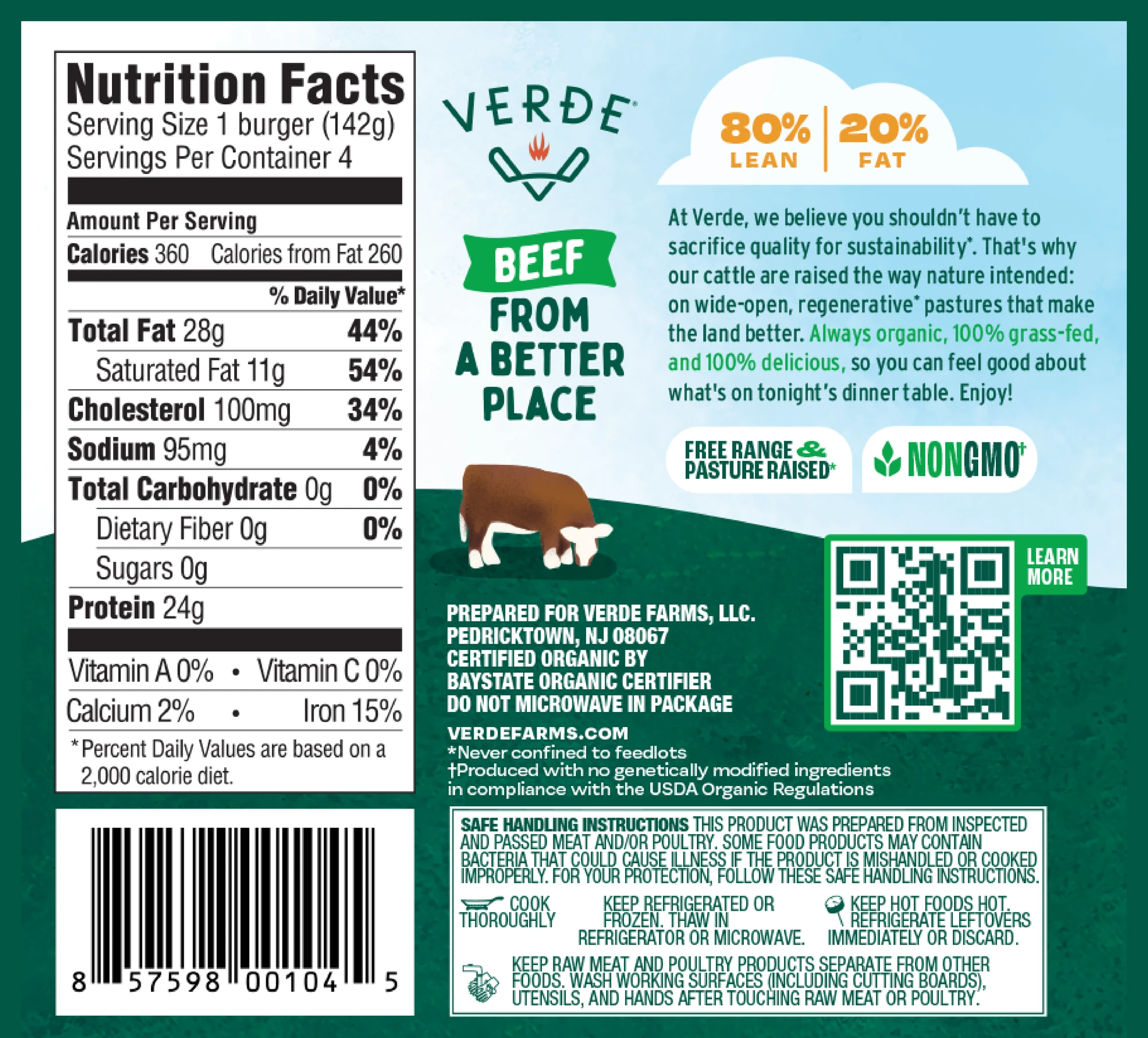 Verde Farms Organic Beef Burgers back-of-package with Nutrition Facts panel