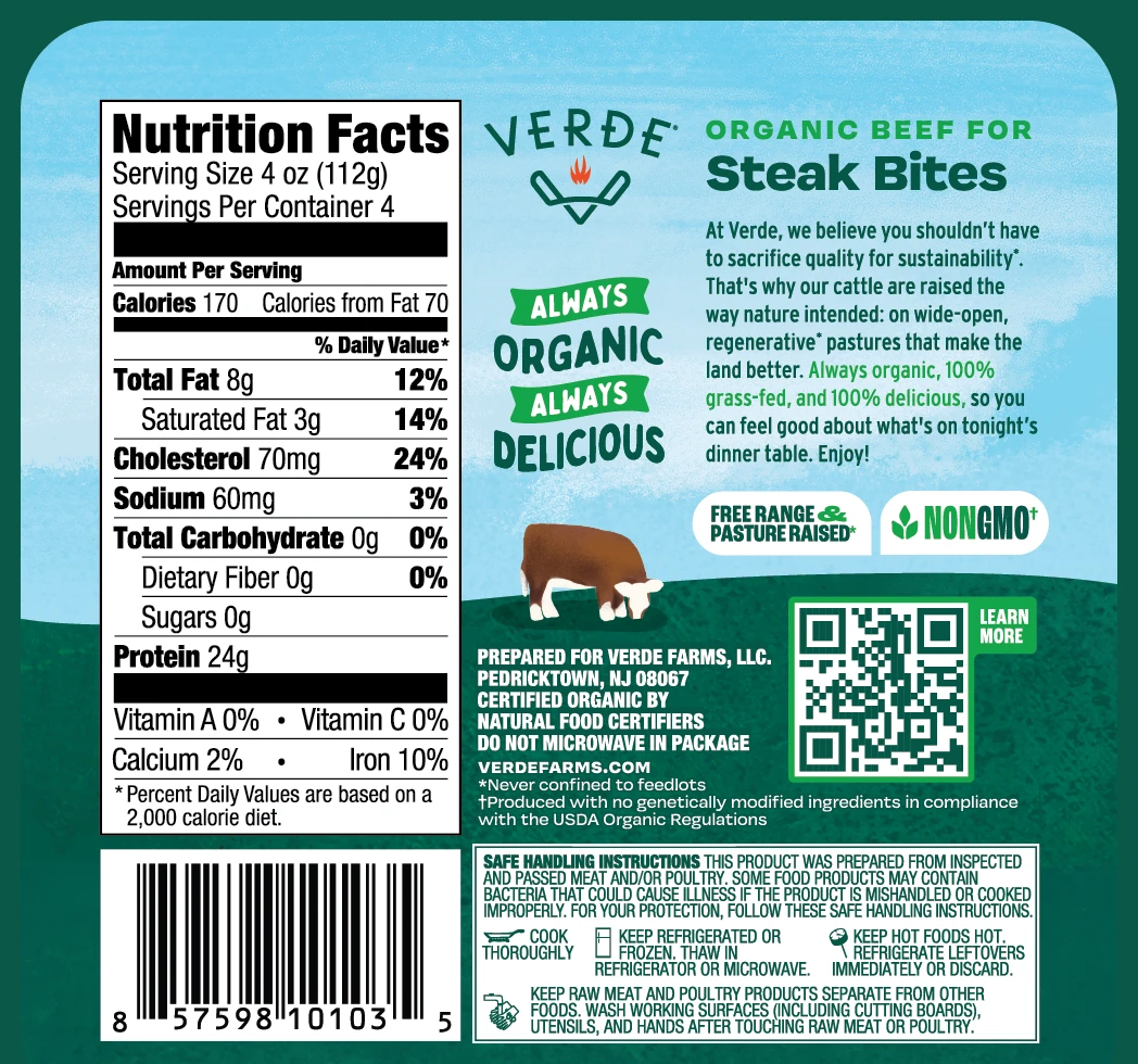 Verde Farms Organic Steak Bites back-of-package with Nutrition Facts panel