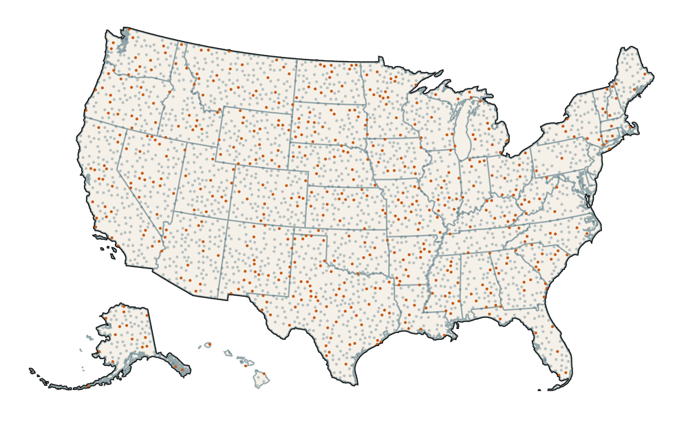 Map of the US with dots that indicate unmet housing needs