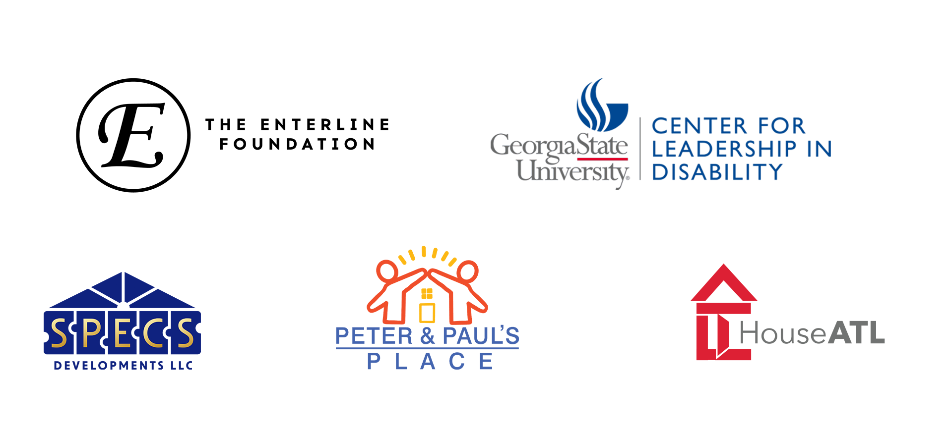 A collage of logos from BLT's partners: The Enterline Foundation, Center for Leadership in Disability, Specs Development LLC, HouseATL, Harrison LLP, Peter and Paul’s Place, Georgia Council on Developmental Disabilities