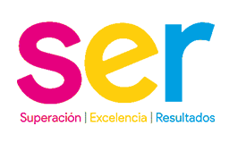 Logotipo con las letras 'ser' en colores rosa, amarillo y azul, y debajo las palabras Superación, Excelencia y Resultados con cada palabra en el mismo color que la letra correspondiente arriba.
