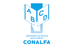 Mano sosteniendo un cartel con un diseño de folletos mostrando las letras A, B, C y D, con el texto debajo que dice '¡Aprender es bueno para todos!' y el logo de CONALFA en azul.