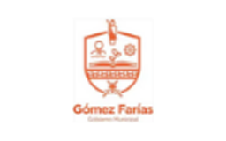 Escudo naranja que representa al Gobierno Municipal de Gómez Farías con iconos de personas, engranaje y libro.