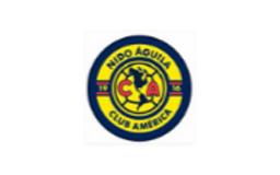 Escudo circular del Club América con un águila estilizada amarilla y roja sobre un mapa de América en el centro, rodeado por los textos 'NIDO AGUILA' y 'CLUB AMERICA' en fondo azul y amarillo.