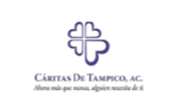 Logotipo de Cáritas de Tampico, AC, con un símbolo abstracto que combina una cruz y un corazón en color morado y texto debajo.
