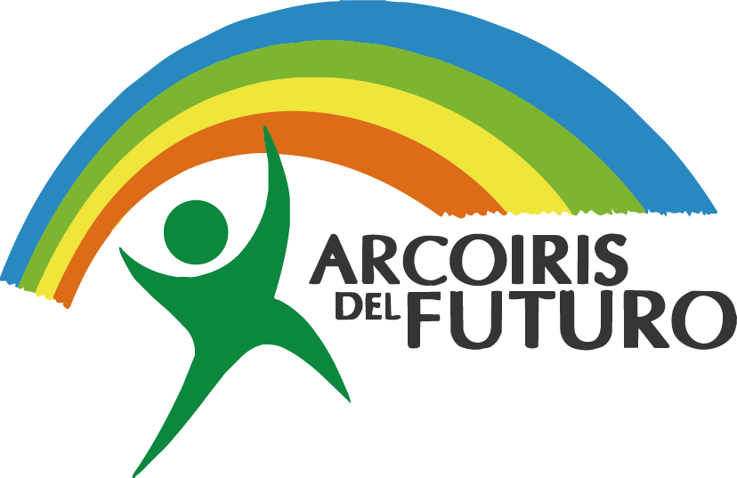 Figura humana verde estilizada con brazos levantados debajo de un arcoíris compuesto por cuatro colores: azul, verde, amarillo y naranja, acompañado del texto 'ARCOIRIS DEL FUTURO'.