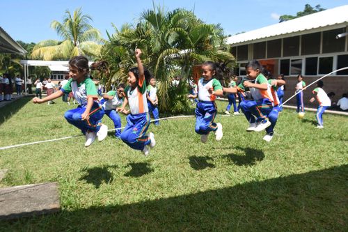 Niños y niñas en uniforme escolar saltando en grupo la cuerda larga en un patio con pasto y palmeras, mientras otros niños observan y juegan alrededor bajo un cielo azul despejado.