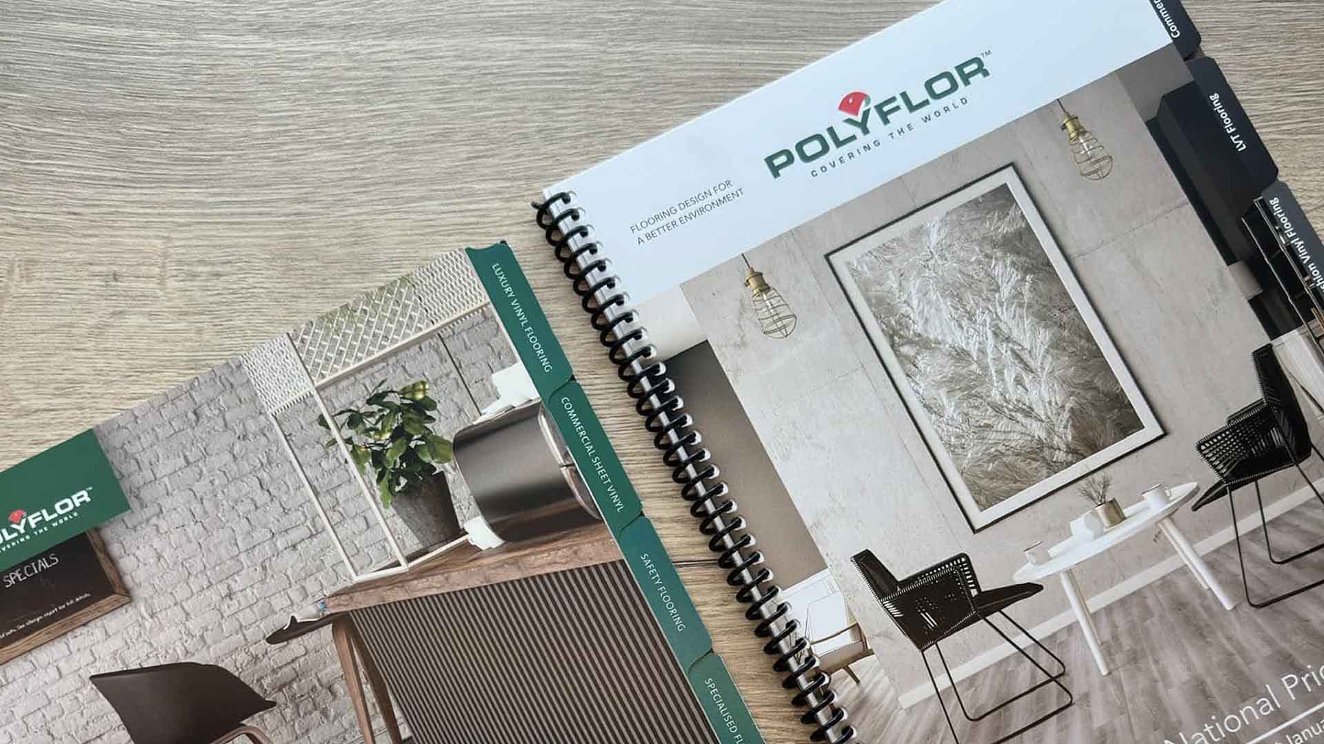 Interior design product catalogue showing flooring samples and material swatches with wire-o binding printed by Mainprint Auckland