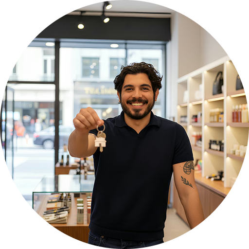 Smiling man holding a set of house keys inside a well-lit modern store.