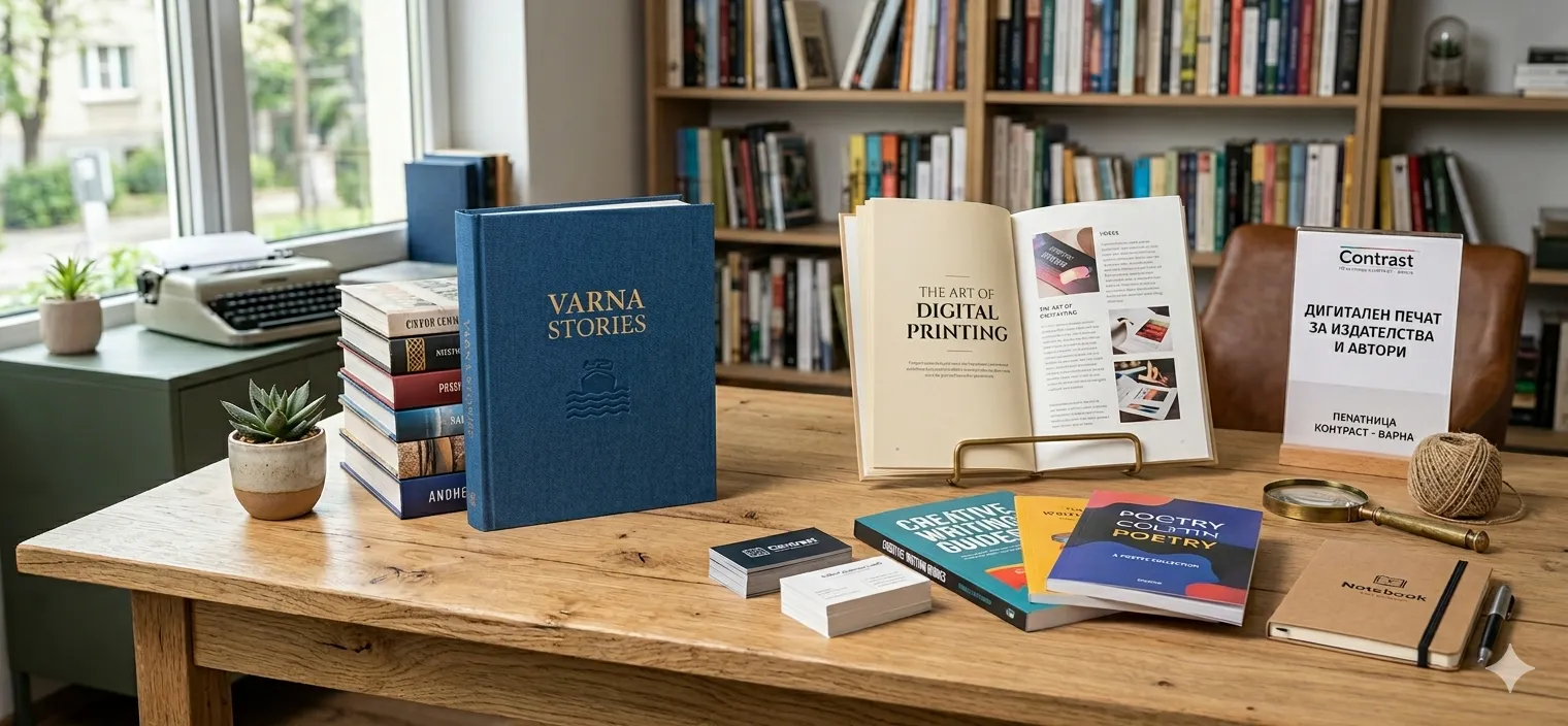 Дигитален печат на книги за издателства и автори: книги с твърда и мека корица, подредени на бюро в писателски кът, брандиран тефтер и визитки от печатница Контраст във Варна