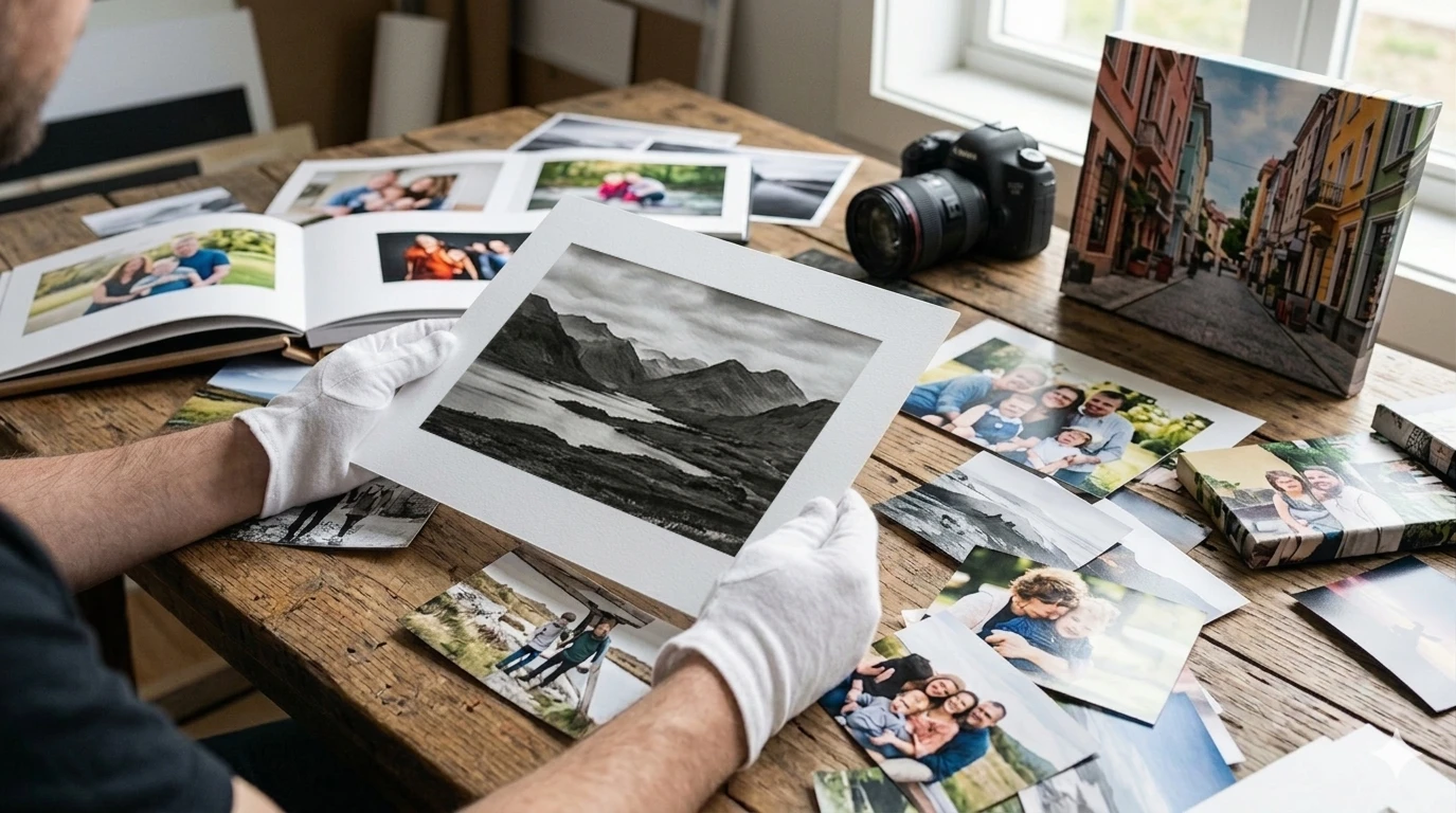Професионално фотоателие за печат на снимки: ръце в защитни ръкавици инспектират висококачествен черно-бял принт. Около тях на работната маса са показани различни готови продукти – персонализирани фотокниги, галерийно опънати канави и класически фотоснимки, подчертаващи занаятчийското качество и вниманието към детайла.