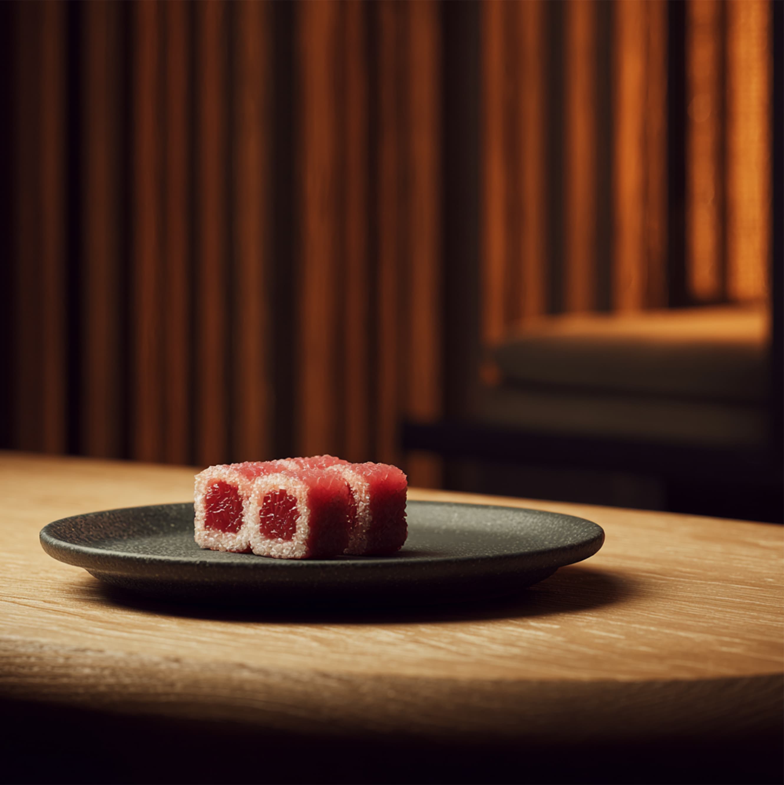 Three pieces of red sushi with white edges on a black plate on a wooden table with warm lighting.