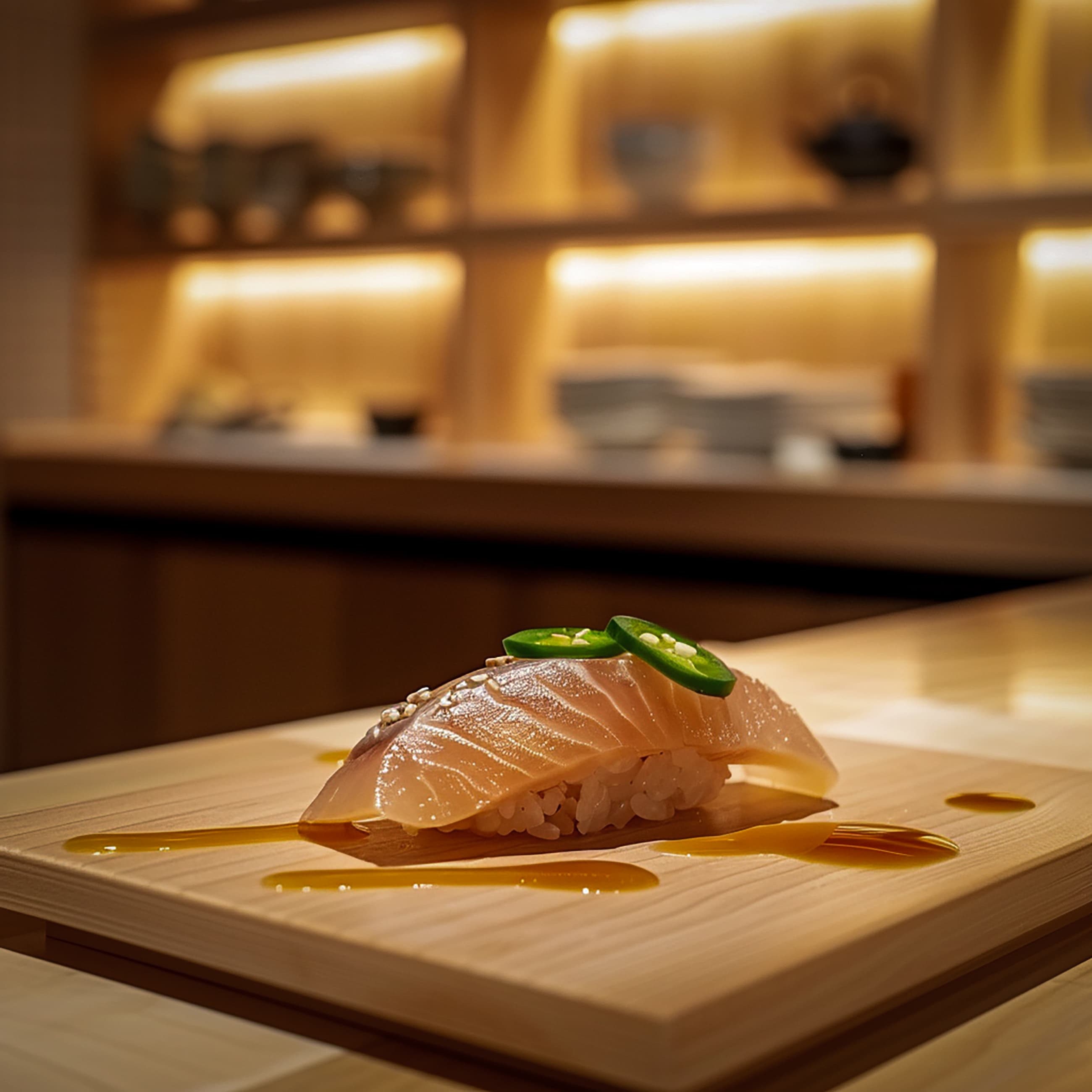 Piece of sushi with sliced jalapeño, sesame seeds, and sauce on a wooden board in a dim restaurant.