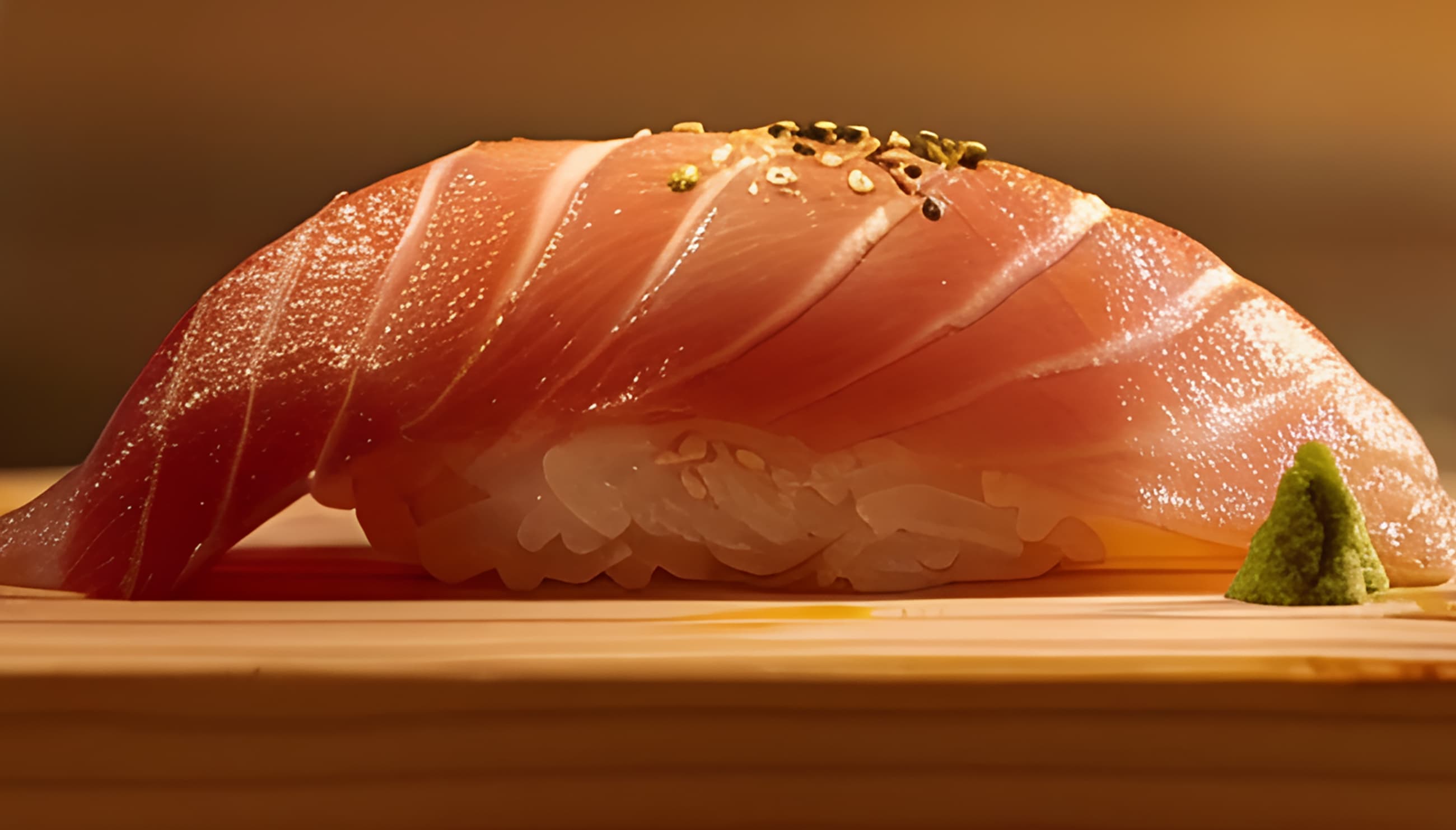 Close-up of a piece of nigiri sushi topped with raw fish and garnished with seeds and a wasabi mound