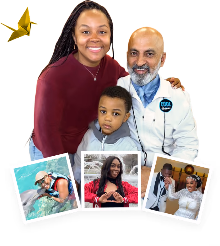 Smiling doctor with woman and child, plus three photos of people with a dolphin, a woman outdoors, and a couple dancing.