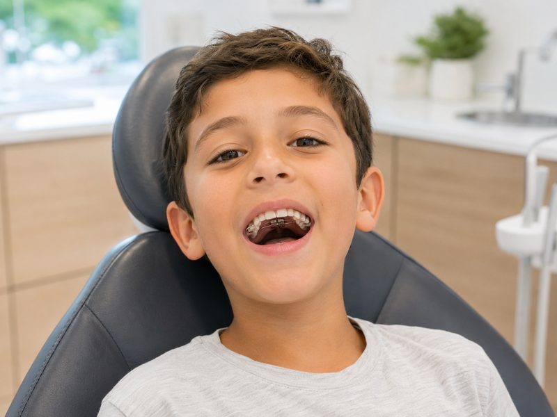 Smiling boy sitting in a dental chair showing braces on his teeth in a dental clinic.