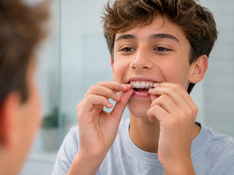 Teen putting on invisalign
