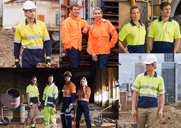 Workers wearing high-visibility workwear including yellow and orange hi-vis shirts and jackets on construction and industrial sites — Darwin branded uniforms by Industry Uniforms
