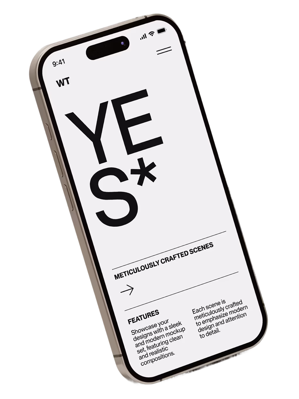 Smartphone-scherm met tekst YES* en kenmerken van zorgvuldig ontworpen scènes in een modern mockup-ontwerp.