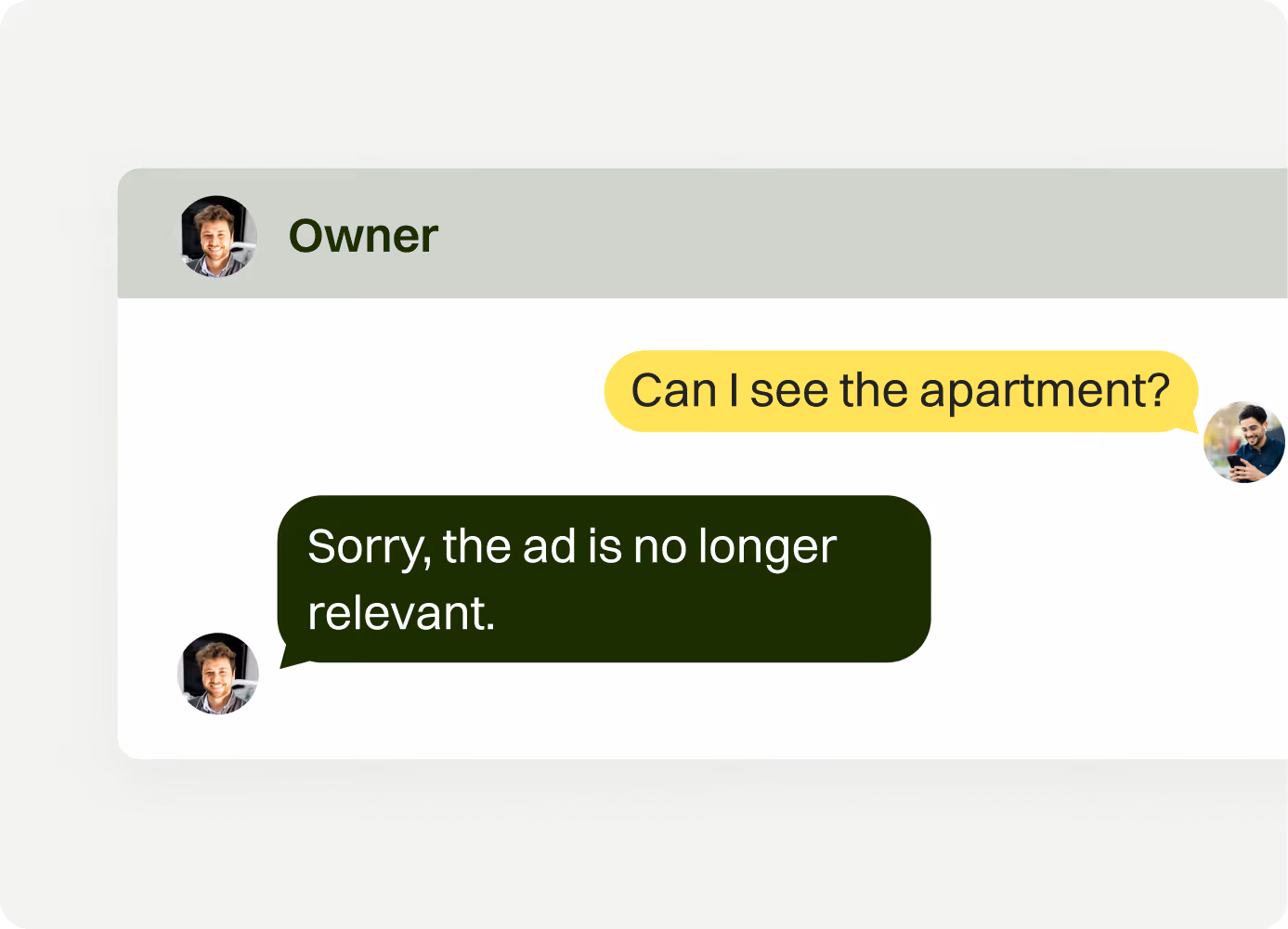 Text message conversation showing a person asking 'Can I see the apartment?' and the owner replying 'Sorry, the ad is no longer relevant.'