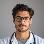 Portrait of a young male doctor wearing glasses and a white coat with a stethoscope around his neck.