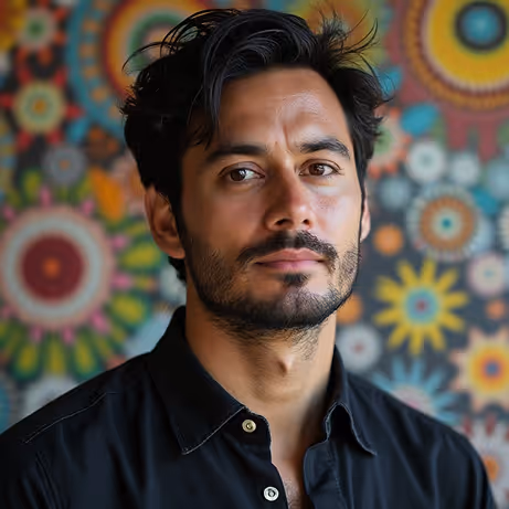 Portrait of a man with dark hair and a beard wearing a black shirt, standing in front of a colorful floral-patterned background.