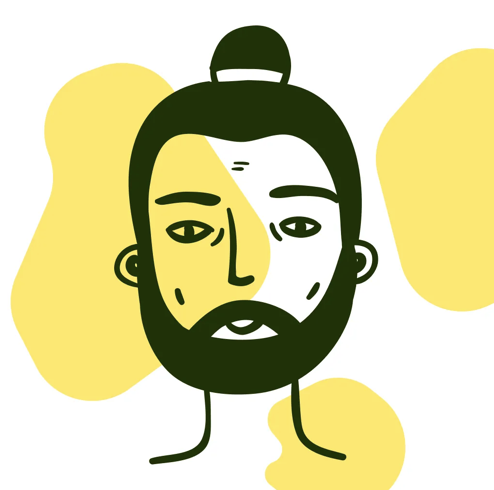 Minimalist line drawing of a bearded man with a top knot hairstyle and abstract yellow shapes in the background.