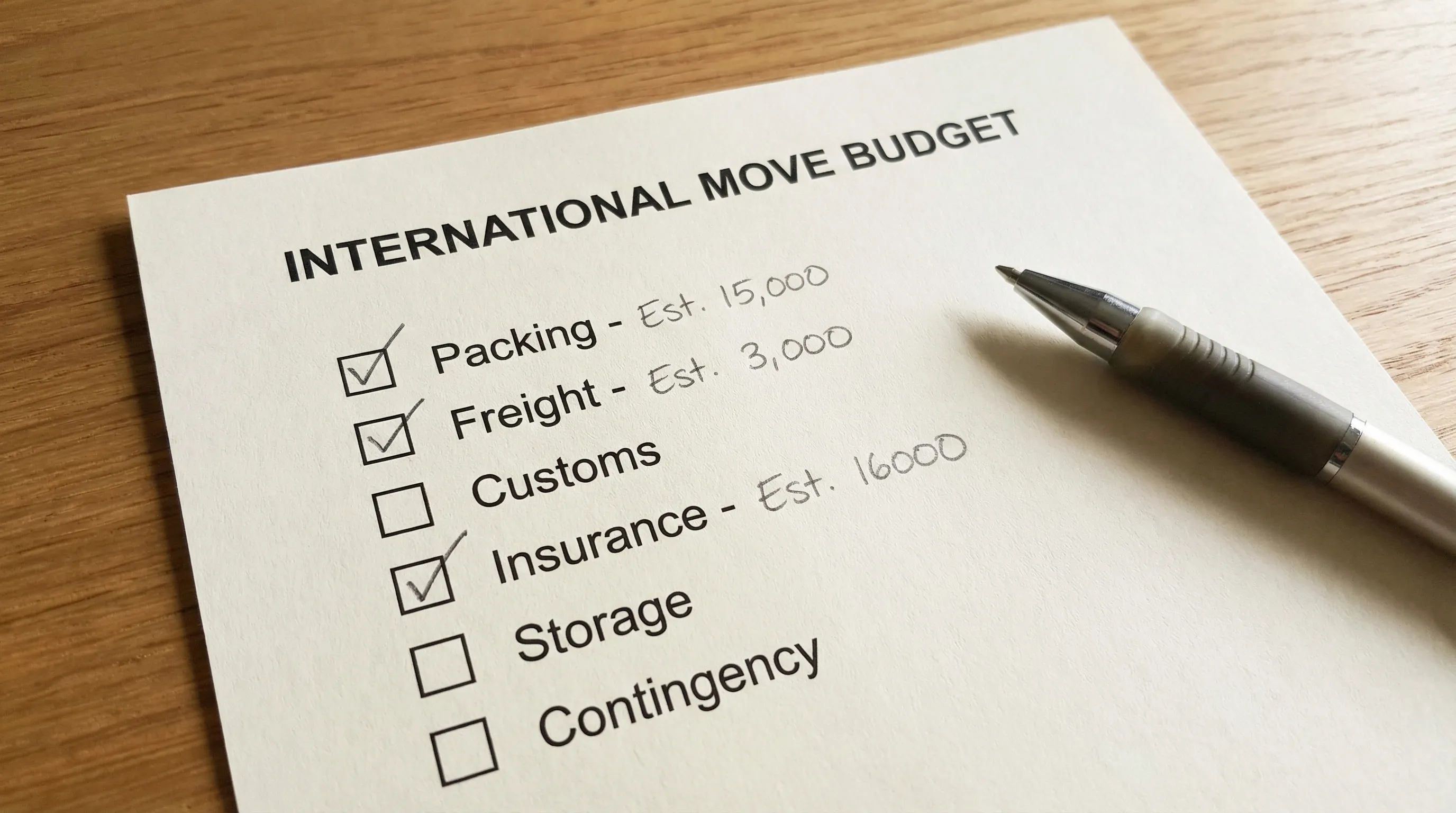 A minimalist budgeting worksheet with categories like packing, freight, customs, insurance, storage, and contingency, shown as a clear checklist for planning international moving costs.
