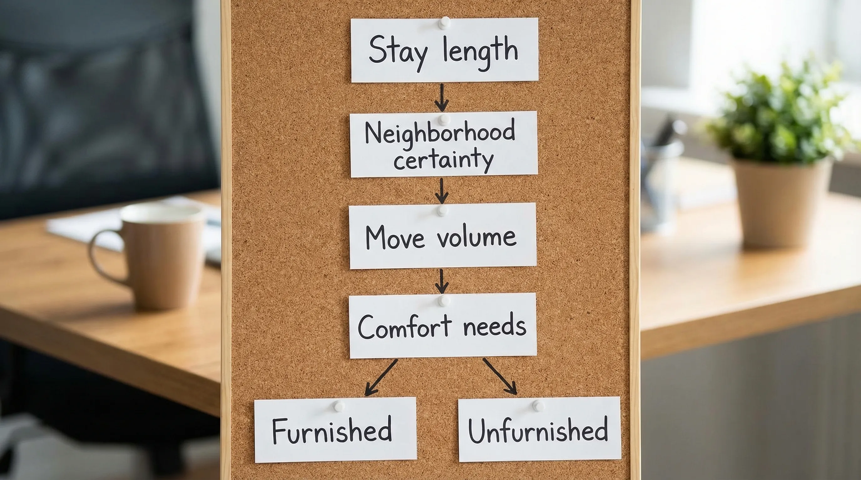 A simple four-step decision flowchart with four labeled boxes: “Stay length,” “Neighborhood certainty,” “Move volume,” and “Comfort needs,” leading to two outcomes: “Furnished” or “Unfurnished.”