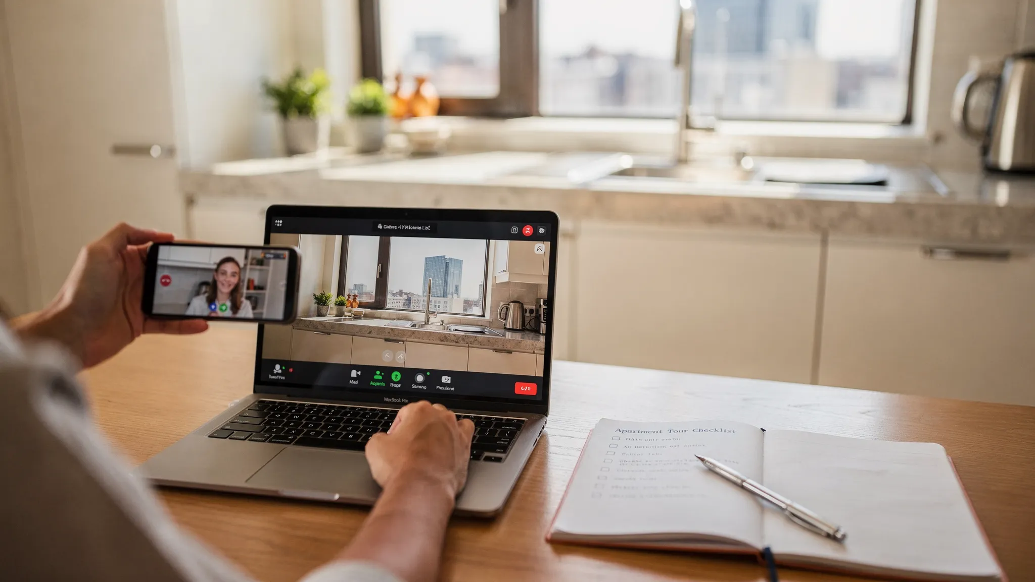 A renter on a video call with a property manager, holding a phone to show an apartment kitchen and windows during a live virtual tour. The laptop screen faces the viewer and shows the video call interface, while a notepad with a checklist sits beside the laptop.