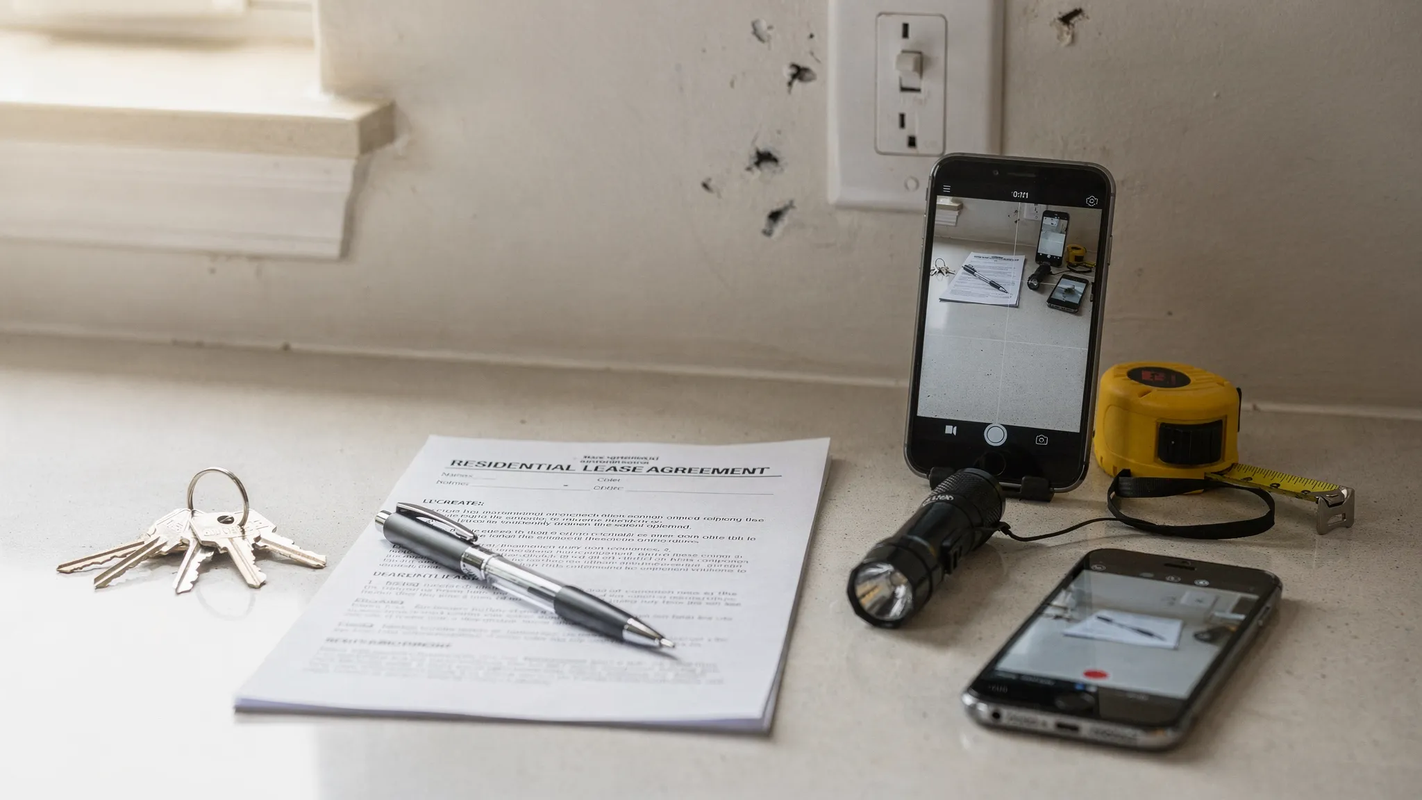 An organized move-in inspection setup on a kitchen counter: keys, a printed lease, a flashlight, a tape measure, and a smartphone taking photos of minor wall scuffs near a light switch.