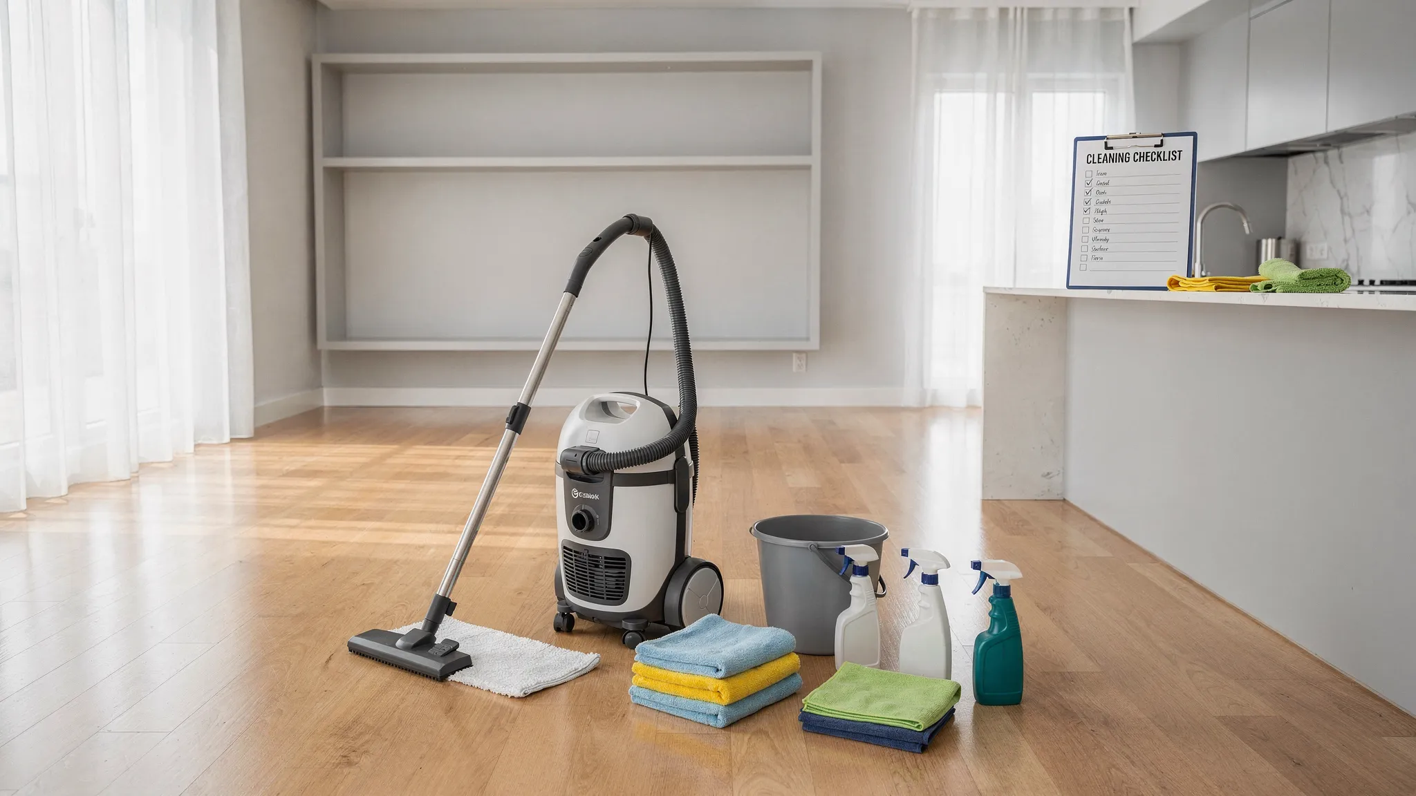An empty apartment living room with cleaning supplies arranged on the floor, including a vacuum, mop, microfiber cloths, and an open checklist clipboard on a nearby counter.